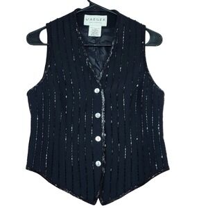 Vtg Jaeger Beaded Vest sz 6 Women Black Striped Evening Formal Waistcoat READ
